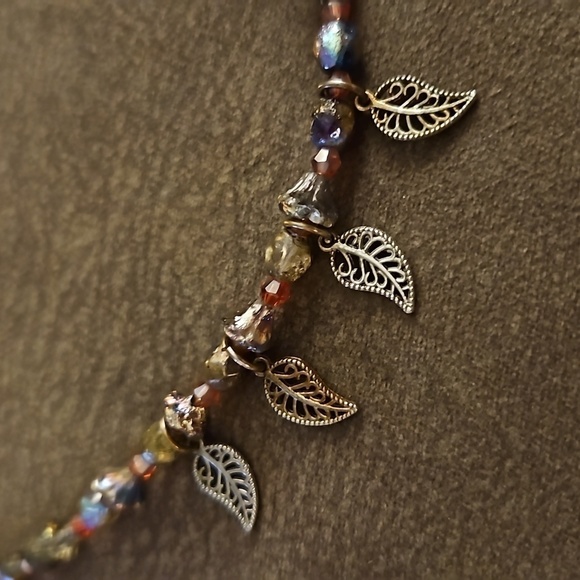 Handmade Etched Czech Glass Red Swarovski Crystal Beaded Leaf Holiday Necklace - Picture 6 of 9